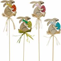 Coniglietto con uovo di Pasqua su un bastone, tappo per fiori coniglietto pasquale, decorazione in legno di Pasqua, tappo decorativo, decorazione floreale 12 pezzi