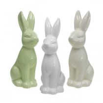 Coniglio Ceramica Bianco, Crema, Verde Coniglietto di Pasqua Deco Figura H13cm 3pz