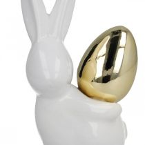 Conigli con uovo d&#39;oro, conigli in ceramica per Pasqua bianco nobile, dorato H13cm 2pz