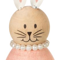 Prodotto Figure decorative di conigli in legno pastello, coniglietti pasquali con collana di perle, 14,5 x 5 cm, 3 pezzi