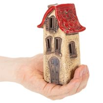 Prodotto Decorazione a forma di casetta in ceramica con tetto rosso, casetta luminosa, 15 cm, 2 pezzi