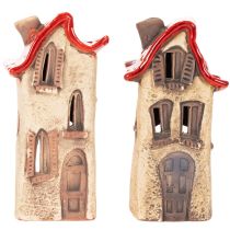 Prodotto Decorazione a forma di casetta in ceramica con tetto rosso, casetta luminosa, 15 cm, 2 pezzi