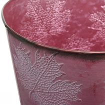 Vaso autunnale, secchio per piante, decorazione in metallo con foglie rosso vino Ø25,5cm H22cm