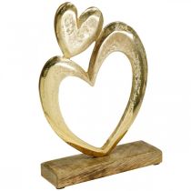 Cuore in metallo dorato, cuore decorativo su legno di mango, decorazione da tavola, doppio cuore, San Valentino