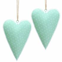 Appendino cuore metallo verde, bianco puntinato H11cm 6pz