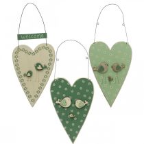 Cuore da appendere, decorazione in legno con uccelli, decorazione per porta, verde primavera, giallo H22cm set da 3