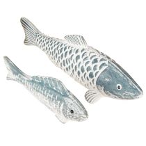 Prodotto Pesce in legno in blu bianco farina di legno L23cm/35cm Set di 2