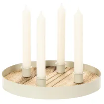 Prodotto Portacandele per quattro candele affusolate, vassoio rotondo in legno, 25 cm