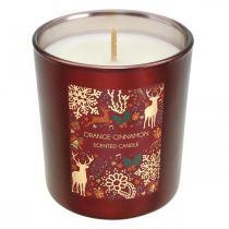 Candela profumata Natale arancio, candela cannella vetro rosso Ø7/ H8cm