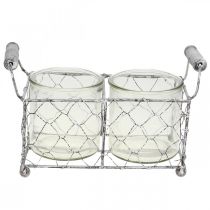 Cesto in filo metallico vintage sbiancato con lanterna in vaso di vetro 21 × 10,5 cm