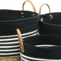 Prodotto Set di 3 cestini portaoggetti con manici, cestino per piante e contenitore portaoggetti, nero e bianco, finitura naturale, impilabili, Ø32/28/23 cm, H30/25/19 cm