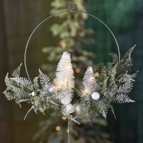 Ghirlanda illuminata con abeti e palline, Avvento, decorazione invernale da appendere, anello decorativo LED argento W45cm Ø30cm