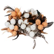 Prodotto Uova di quaglia artificiali, piume decorative su bastoncino, 36 cm, 12 pezzi