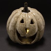Prodotto Zucca decorativa in ceramica con LED e faccina sorridente, 13 cm