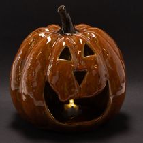 Prodotto Zucca decorativa di Halloween in ceramica con LED, 15 cm