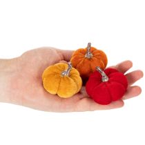 Prodotto Set di zucche decorative in velluto in tre colori, mini zucche da 5 cm, 12 pezzi