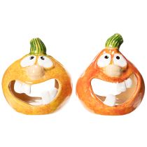 Prodotto Statuetta decorativa a forma di zucca e portacandele, con faccina buffa, decorazione autunnale, 12 cm, 2 pezzi