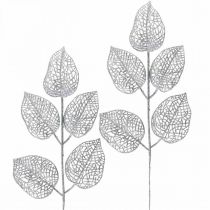 Piante artificiali, decorazione di rami, foglia decorativa argento glitter L36cm 10p