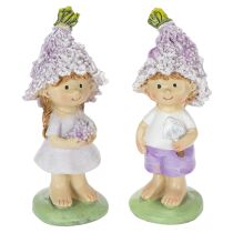 Prodotto Statuetta decorativa raffigurante un bambino e una bambina in un vaso di lavanda, ideale per soggiorno e giardino, 10 cm, 2 pezzi.