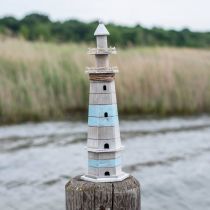 Faro da mettere, decoro marittimo in legno natura, blu-bianco shabby chic H54cm