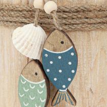 Prodotto Decorazione marittima barca a vela in legno con pesce bianco blu H24cm