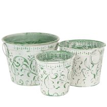 Prodotto Vasi in metallo con manici, fioriere con decorazioni in rilievo, bianco, verde, shabby chic, H20.5/18.5/16cm, Ø25.5/20.5/15.5cm, set da 3