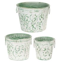 Prodotto Vasi in metallo con manici, fioriere con decorazioni in rilievo, bianco, verde, shabby chic, H20.5/18.5/16cm, Ø25.5/20.5/15.5cm, set da 3