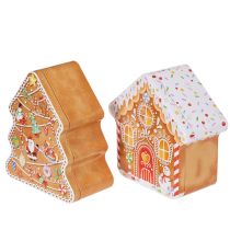 Prodotto Scatola di latta natalizia, scatola per biscotti, albero di Natale e casetta, effetto pan di zenzero, 14 cm, 2 pezzi