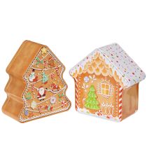Prodotto Scatola di latta natalizia, scatola per biscotti, albero di Natale e casetta, effetto pan di zenzero, 14 cm, 2 pezzi