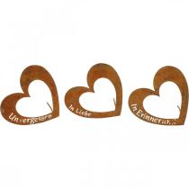 Borchie a cuore &quot;In memory&quot; &quot;In love&quot; &quot;Unforgotten&quot;, decorazione a lutto, patina metallica 8×7cm 12 pezzi