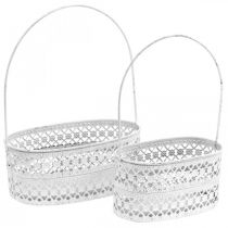 Prodotto Cestino di metallo ovale, vaso decorativo per piantare bianco, aspetto vintage argento L17 / 22cm H25 / 28cm set di 2