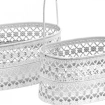 Prodotto Cestino di metallo ovale, vaso decorativo per piantare bianco, aspetto vintage argento L17 / 22cm H25 / 28cm set di 2