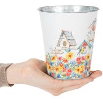 Prodotto Vaso in metallo decorato, fioriera con casette per uccelli, secchiello in latta H13cm Ø11.5cm