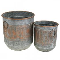 Ciotola decorativa con manici, vaso per piante, vaso di metallo argento, aspetto antico color rame H31 / 24,5 cm Ø29,5 / 22 cm set di 2
