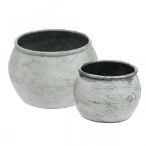 Vaso rotondo in metallo, vaso decorativo, ciotola per piante argento, bianco lavato, aspetto antico Ø25,5 / 18 cm H17 / 13 cm, set di 2