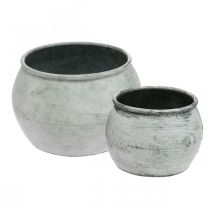 Prodotto Vaso rotondo in metallo, vaso decorativo, ciotola per piante argento, bianco lavato, aspetto antico Ø25,5 / 18 cm H17 / 13 cm, set di 2