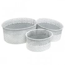 Prodotto Ciotola per piantare, vaso in metallo con motivo traforato, vaso decorativo ovale bianco, argento shabby chic L41,5/35/29,5 cm H19/16/14,5 cm set da 3