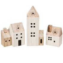 Prodotto Mini Villaggio Natalizio Decorazione in Legno Bianco Naturale H13/7cm 6 pz