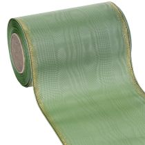 Prodotto Nastro moiré per ghirlande, verde salvia con bordo dorato, 150 mm x 25 m, nastro decorativo per composizioni floreali e ghirlande.