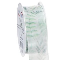 Prodotto Nastro in organza, nastro in chiffon, rami con foglie, verde, 40 mm, 15 m