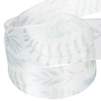 Prodotto Nastro in organza, nastro in chiffon, rami con foglie, verde, 40 mm, 15 m