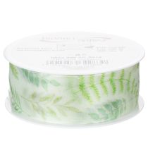 Prodotto Nastro in organza, nastro in chiffon, verde con viticci di foglie, largo 40 mm, lungo 15 m