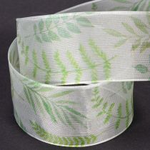 Prodotto Nastro in organza, nastro in chiffon, verde con viticci di foglie, largo 40 mm, lungo 15 m
