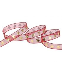 Prodotto Nastro di organza rosso scuro con stelle dorate 10 mm 20 m