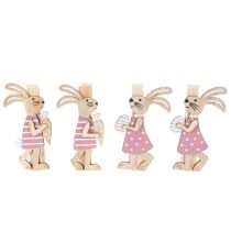 Prodotto Fermagli decorativi a forma di coniglietto pasquale, decorazioni pasquali in legno rosa e bianche, 7,5 cm, 4 pezzi