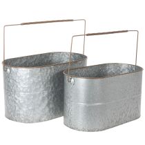 Prodotto Vaso per piante con manico, vaso in metallo, fioriera, argento, marrone, H22/20cm L42/40cm, set da 2