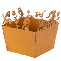 Prodotto Vaso in metallo con decorazioni a forma di uccelli, fioriera, molla, finitura ruggine, altezza 15,5 cm