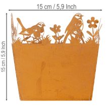 Prodotto Vaso in metallo con decorazioni a forma di uccelli, fioriera, molla, finitura ruggine, altezza 15,5 cm