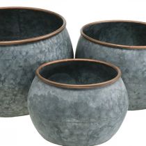 Vaso decorativo, fioriera, vaso in metallo argento, color rame aspetto antico H22 / 20,5 / 16,5 cm Ø39 / 30,5 / 25 cm set di 3