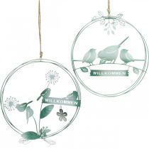 Decorazione uccellino da appendere, cartello di benvenuto, decorazione in metallo per la primavera, decorazione per porta verde, bianco Ø27cm set di 2